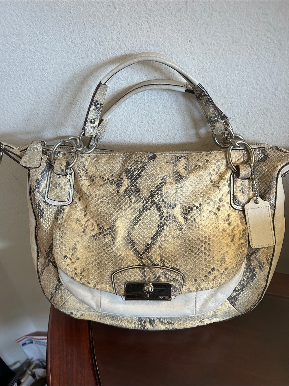 Coach White and Beige Snake-Print Leather Shoulder Bag - Picture 11 of 11